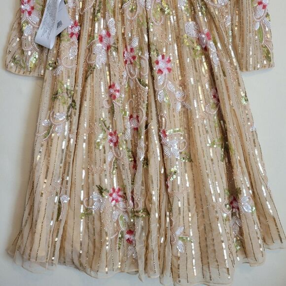 14 MAC DUGGAL FLORAL NEUTRAL TAN BEADED TEA LENGTH Stunning DRESS 5415 NWT - Picture 10 of 13